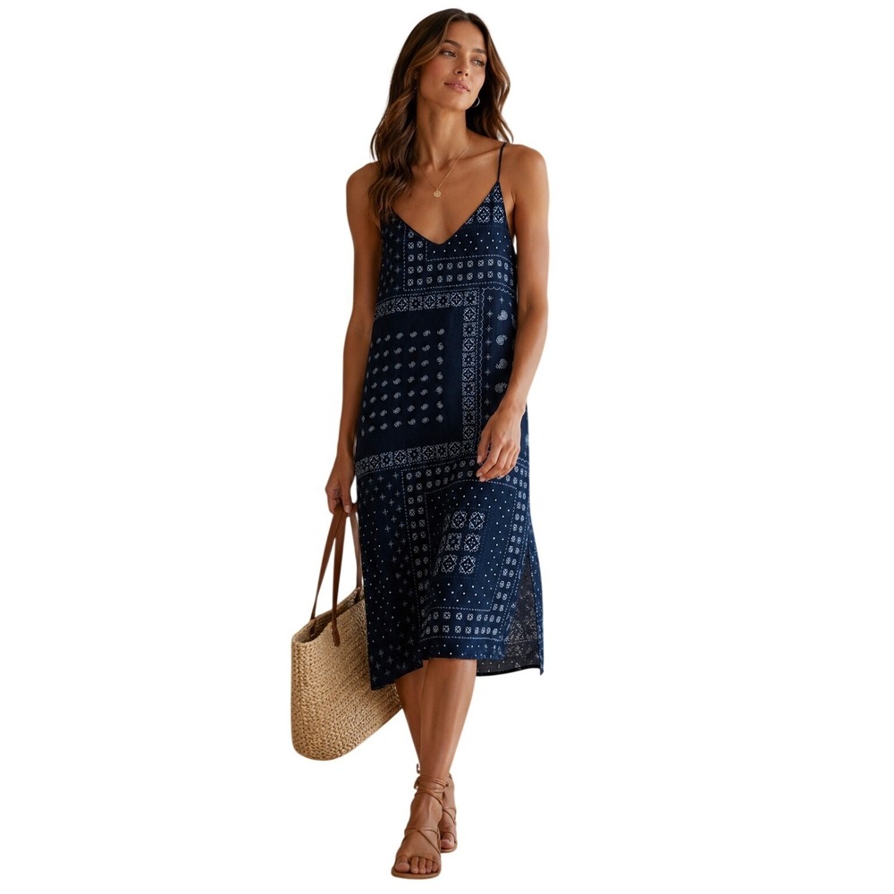 J.Crew Navy Linen Bandana Print Slip Dress Women's Size 4 Boho Midi